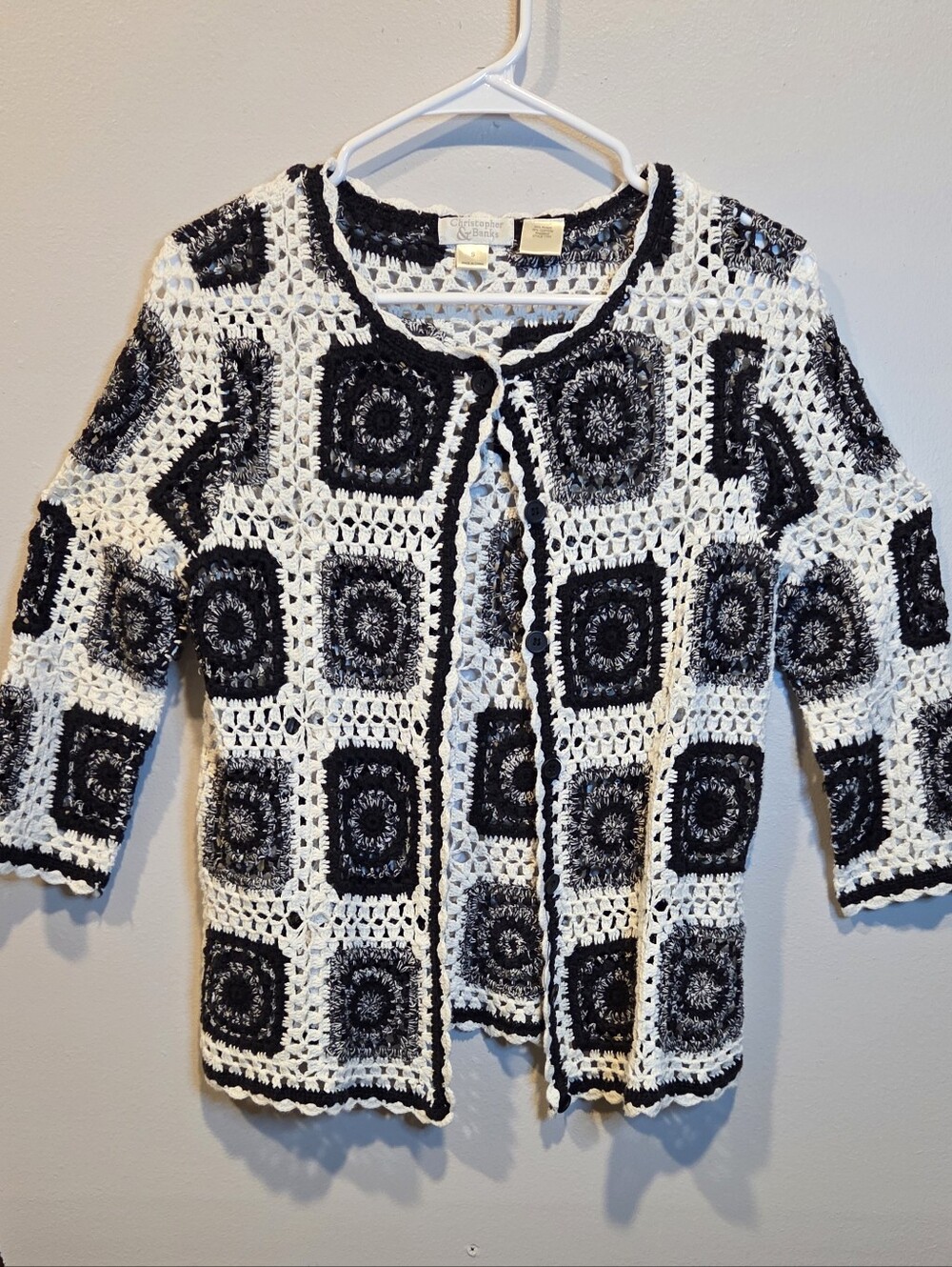 Crochet Granny Square Cardigan Black White Button Front Boho Festival S